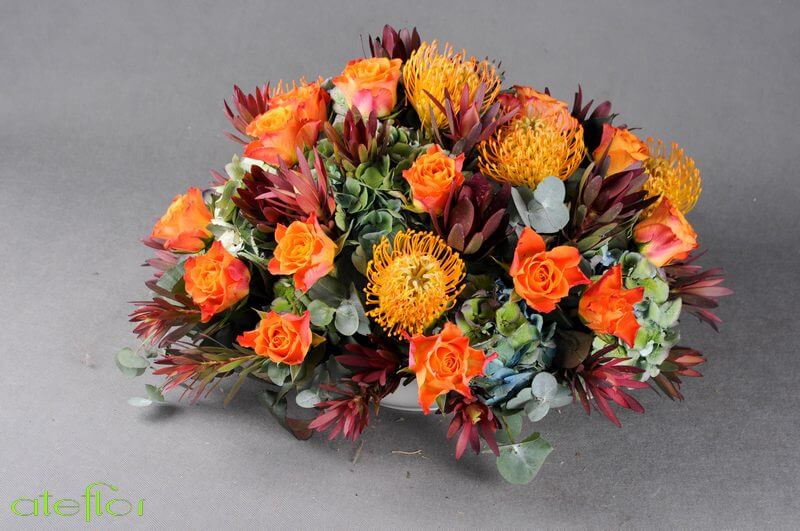 Kompozycja_mieszana_Kraków_pomarańczowy_zieleń_róże_hortensje_ateflor_DSC_7528